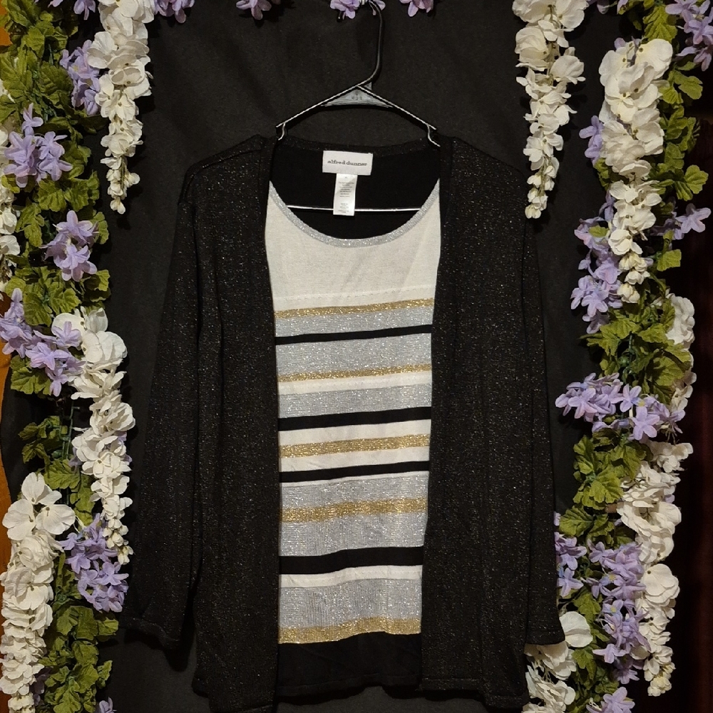 Alfred Dunner Black and Gold Striped Cardigan